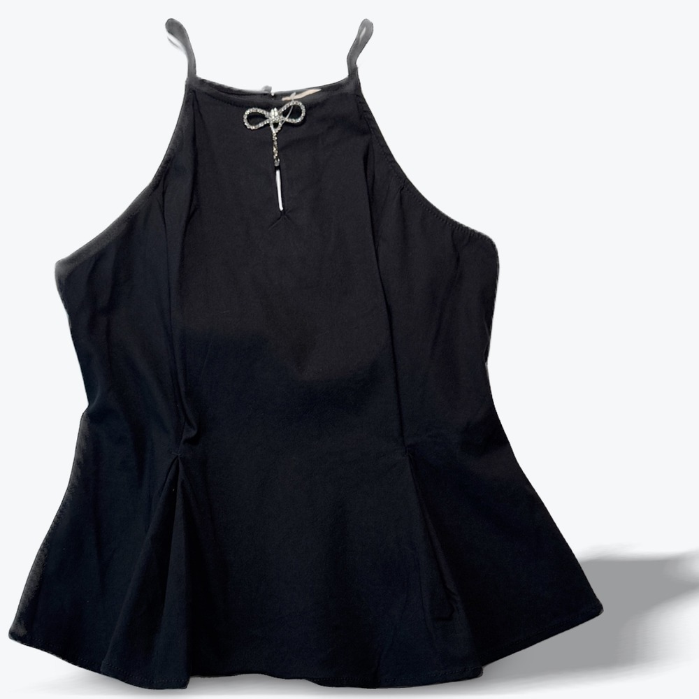 Lily Star  Halter Peplum Top Keyhole Rhinestone Bow Black Coquette Womens Large